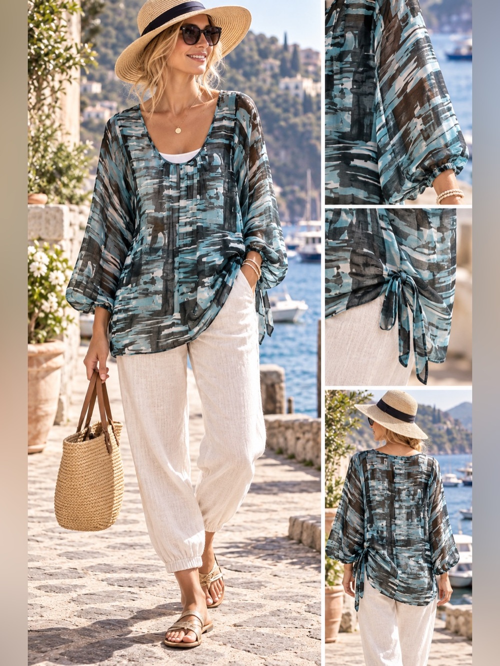 BCBGMaxAzria Teal, Black & White Abstract Print Tunic